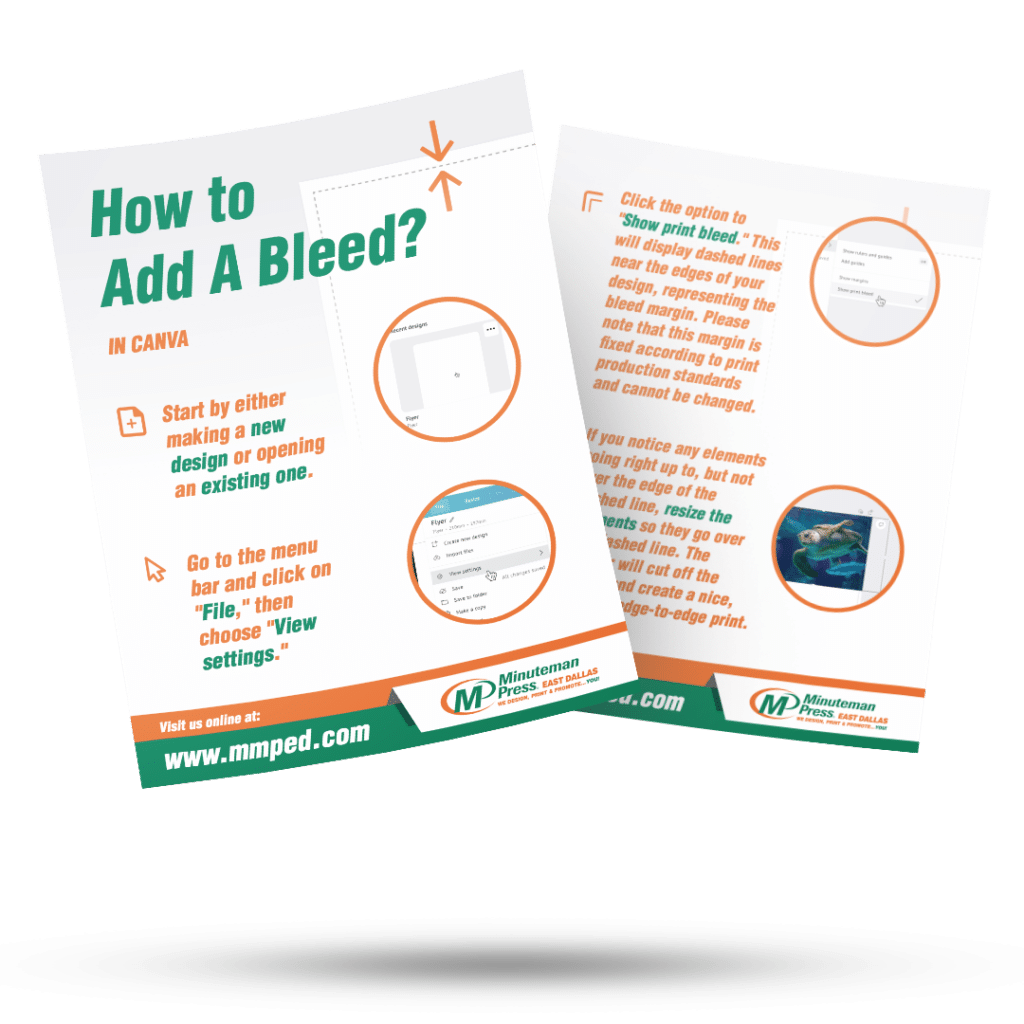 Two pieces of paper floating containing How To Add a Bleed guide