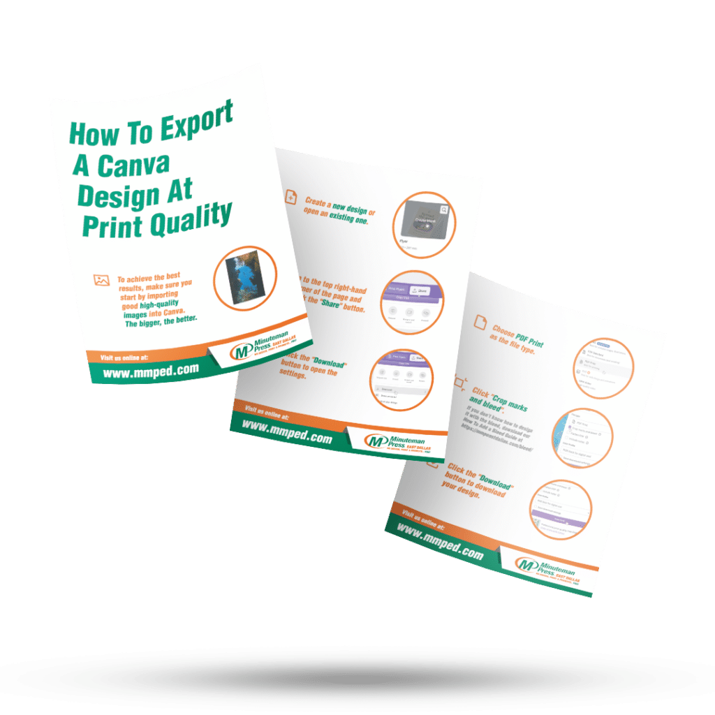 Three pieces of paper floating containing How To Export A Canva Design at Print Quality